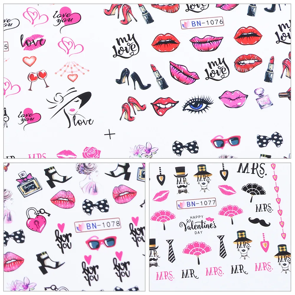 12pcs Valentines Stickers For Nails Love Heart Russian Letters Water Transfer Decals Sliders Manicure Decorations