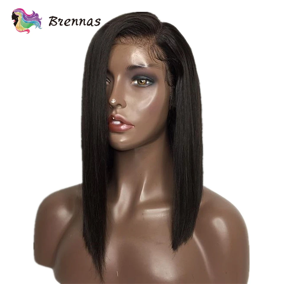 Бразильские человеческие волосы Remy, боковая часть, короткий Боб, парик на кружеве, отбеленные узлы с детскими волосами, натуральный черный цвет для женщин