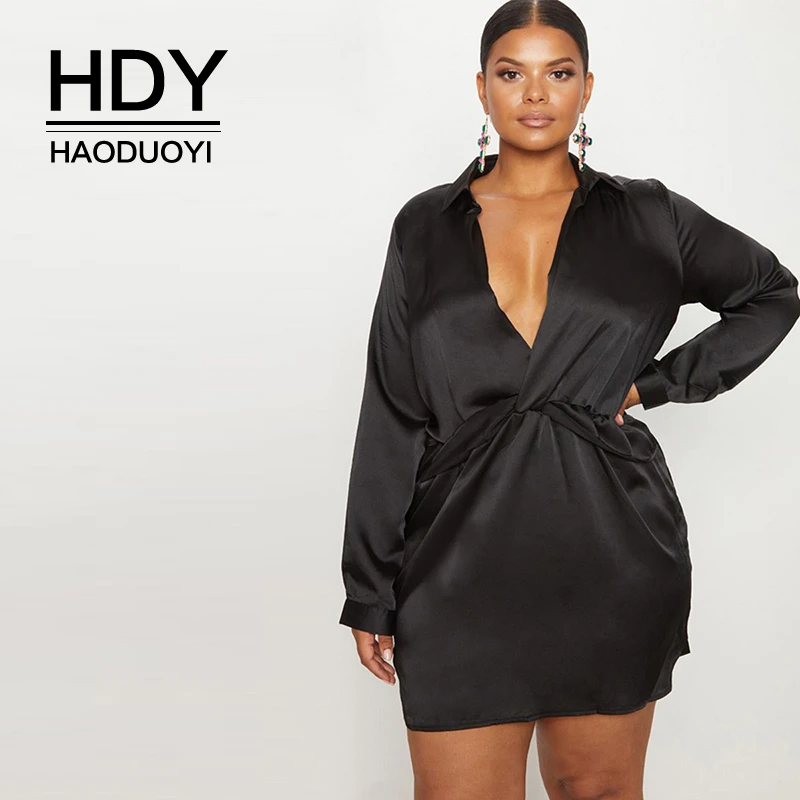 

HDY Haoduoyi Women Casual Long Sleeve Plus Size Deep V-neck Loose Sexy Solid Tie Waist Super Comfy Soft Long Shirt Dress