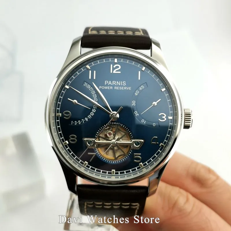 Часы Parnis часы 43 мм синий циферблат серебряный чехол из нержавеющей стали запас хода автоматический механизм мужские часы