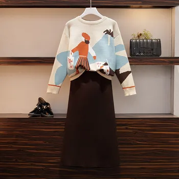 

HAMALIEL Plus Size 4XL Knit Two Piece Set Fall Winter Women Cartoon Girl Knitted Loose Sweater And High Waist A Line Skirt Set