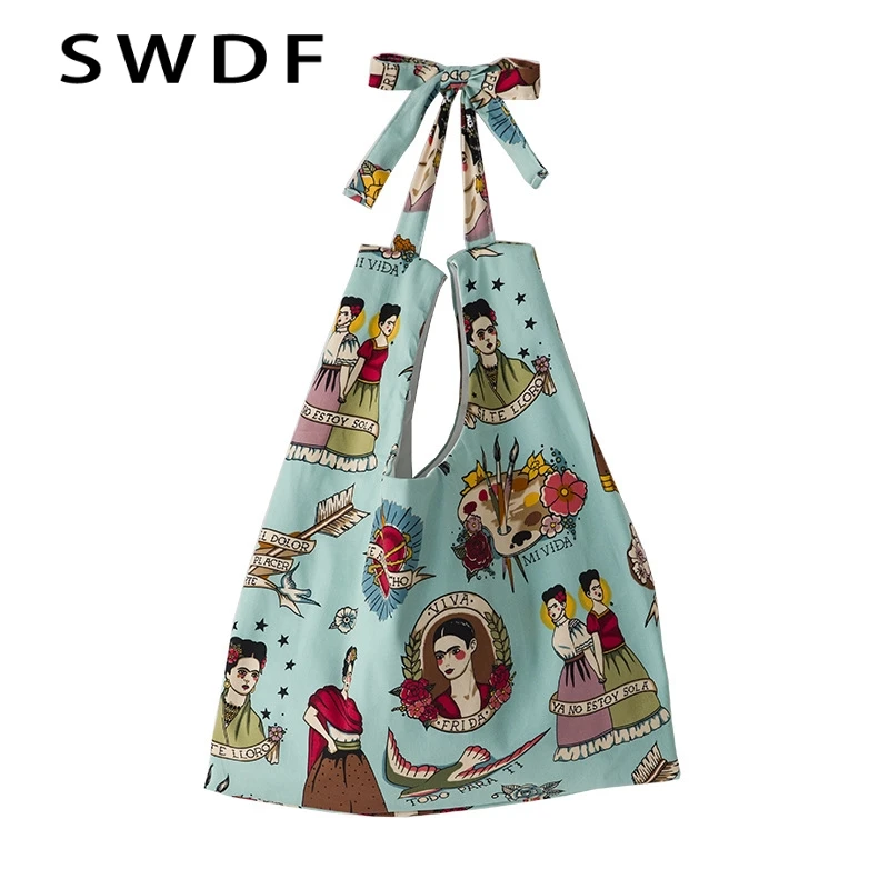 

SWDF Canvas Shoulder Abstract/Magic style Female Handbag Reusable Polyester Portable Should Folding Pouch Shopping Bag Foldable