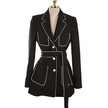 

2019 New Beading Lace Up Office Lady Blazer Jacket Solid Fashion Notched Work Suit Elegant Single Breasted Blazers Feminino