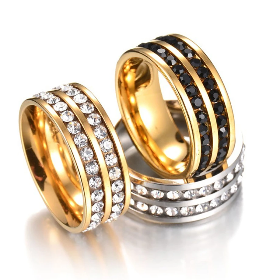 

Hip Hop Rhinestone Bling Iced Out Wedding Rings Gold Color Titanium Stainless Steel Rings For Men Women Wholesale Jewelry