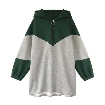 

Woman Autumn Winter Color Matching Thicken Long Sleeves Midium Hooded Dress Fashion Hoodies Tops