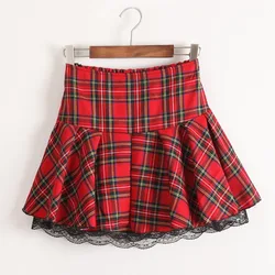 FAKUNTN S-XXXL Women Uniform Skirt Red Plaid Plus Size High Quality Preppy style Lace Hem With Lining Elastic Waist Student Girl