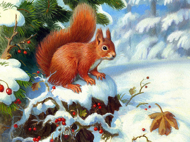 Red squirrel and berries in snow scene paint by numbers