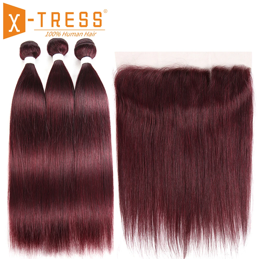 

99J/Burgundy Human Hair Bundles With Frontal X-TRESS Pre-Colored Brazilian Non-remy Straight Bundle Hair Weave With Lace Frontal