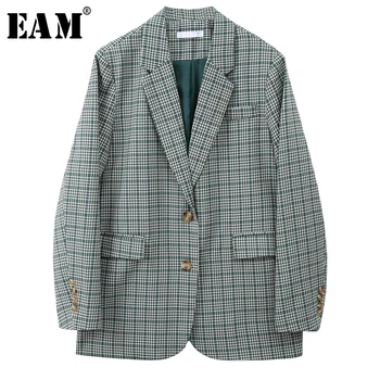 

[EAM] Women Green Plaid Stitch Big Size Blazer New Lapel Long Sleeve Loose Fit Jacket Fashion Tide Spring Autumn 2020 1W8110