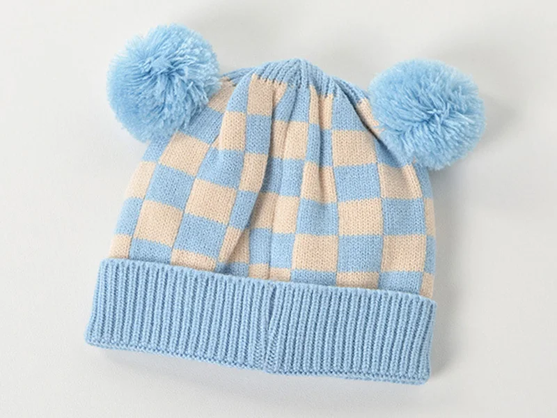Square Patchwork Baby Girls Boys Skull Hat Knitted Newborn Warm Tire Cap with Cotton Lining Winter Warm PomPom Hat Protect Head