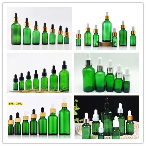 15PCS 5ml 10ml 15ml 20ml 30ml 50ml 100ml 유리 점적기 녹색 유리 아로마테라피 액체 피펫 병 리필 가능 병