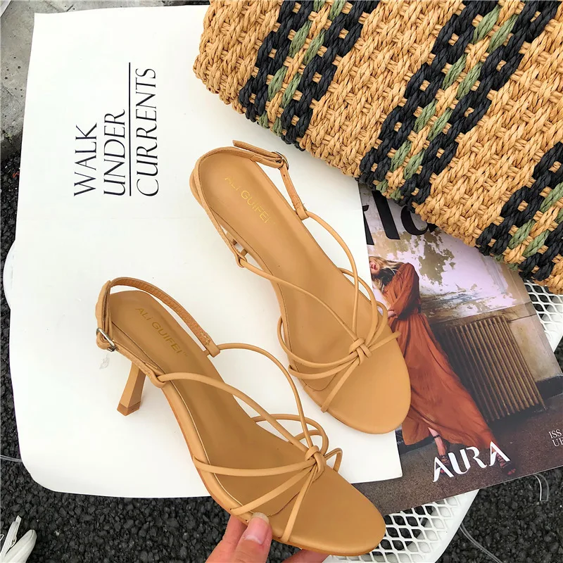 

High Heel Shoes INS Fashion 2019 A- line with Sandals Women's Summer Sexy Cross Thin Drawstring Hollow out Buckle Sandals Women'