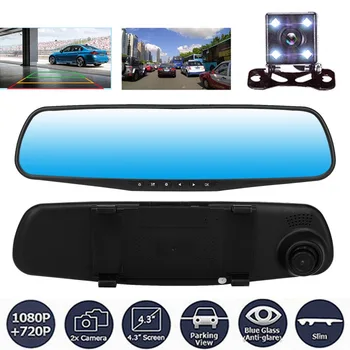 

2020 4.3" HD 1080P Dual Lens Rear View Mirror Car DVR Cam Recorder Safety Camera Set