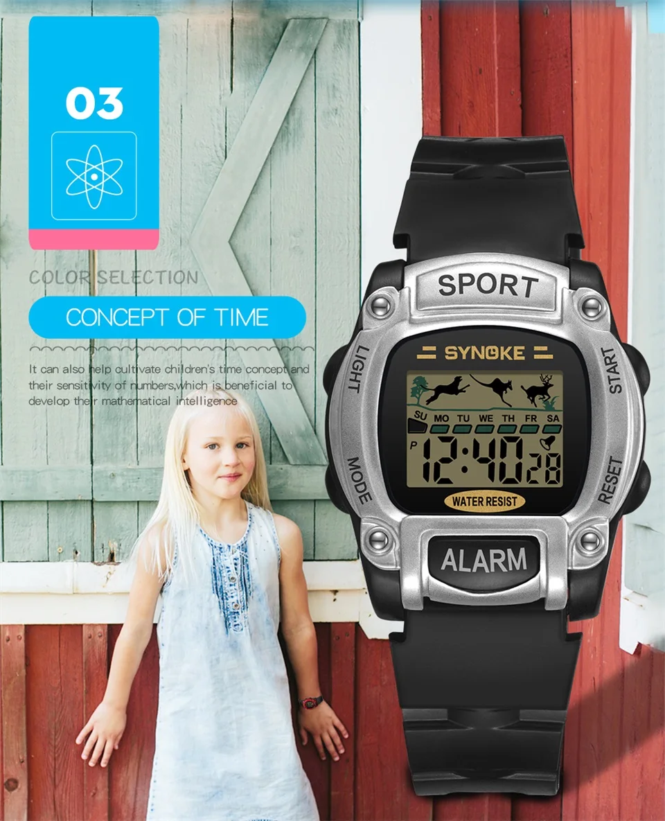 SYNOKE спортивные детские цифровые часы серебристого и черного цвета, светодиодные электронные часы с хронографом и будильником