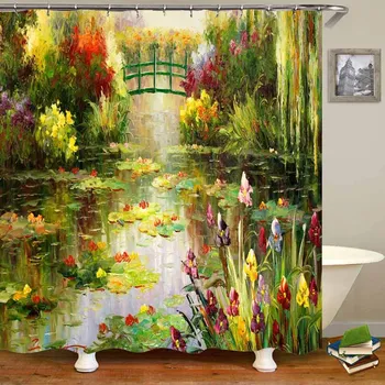 

Colorful Water Lilies Claude Monet Oil Painting Decorative Fabric Shower Curtain Waterproof Bathroom Curtain Polyester Printed