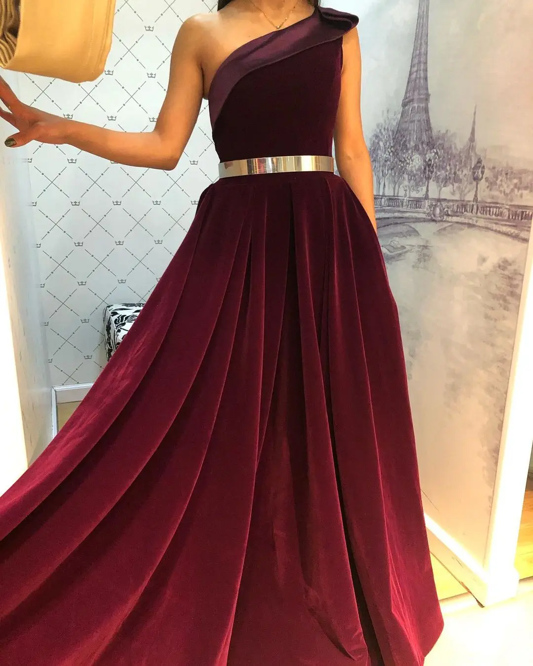 long sleeve prom dresses YUNUO One Shoulder Velvet A-line Evening Prom Dresses with Pockets Sleeveless вечерние платья vestidos Party Formal Gowns Long silver prom dresses