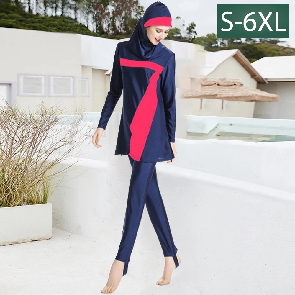 

Burkini мусульманская одежда для плавания, мусульманская женщина, Borkini, синий длинный Мусульманский купальник, хиджаб, консервативный купальник, 3 предмета, 6XL