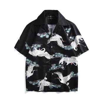 

Fashion Hawaiian Shirts for Men Clothes Summer Loose Beach Shirts Funny Red-crowned Crane Print Short Sleeve Aloha Shirts Mens