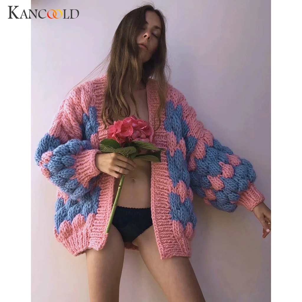 KANCOOLD, Осень-зима, вязаные Длинные кардиганы в клетку, свободные, повседневные, консервативный стиль, толстые свитера, джемперы, женские вязаные куртки