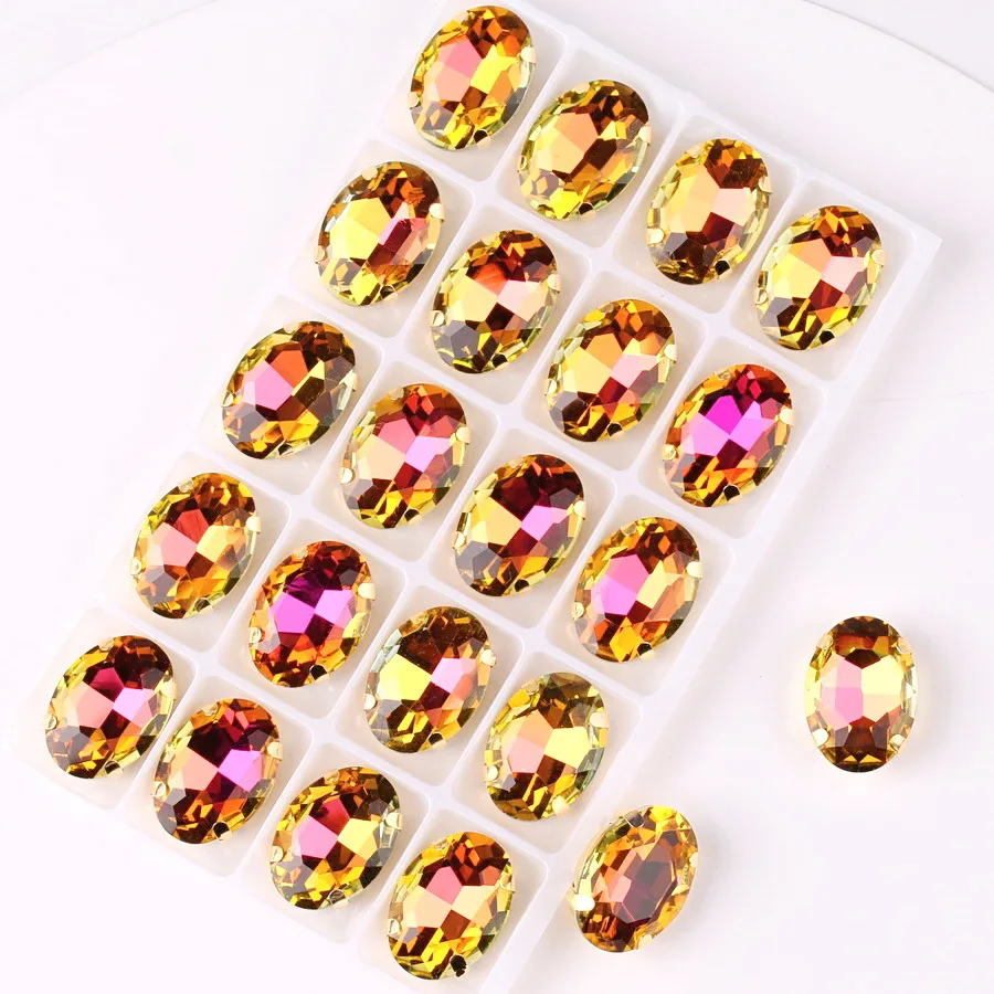 타원형 골드 클로 설정 무지개 및 젤리 AB 색상 유리 크리스탈, 라인석 아플리케 DIY 바느질, 10*14mm, 13*18mm, 팩당 20 개
