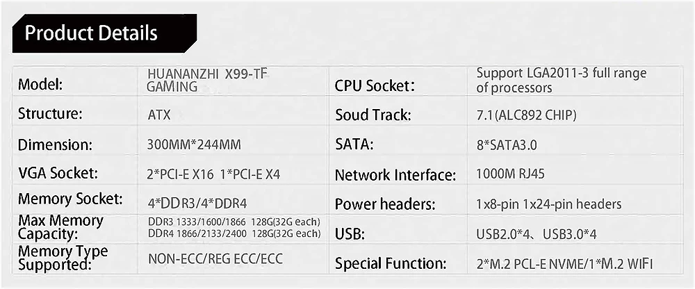 Игровая материнская плата huanan Zhi X99-TF Intel X99 LGA 2011-3 все серии DDR3/DDR4 RECC 128GB M.2 NVME M.2 wifi USB3.0 SPDIF ATX