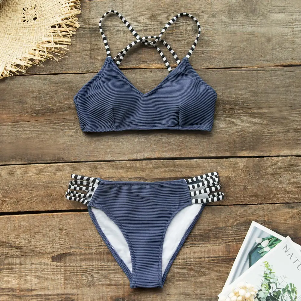 SEASELFIE Sexy Low-waist Bikinis Set Swimwear Women Swimsuits Bathing Suit Biquini Navy Blue Ribbed and Strappy Beachwear Bikini