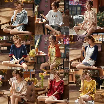 

Smmoloa Summer Short Sleeve Silk Cotton Pajamas Set Two Pieces Women Sleepwear Sexy Nightwear for Women