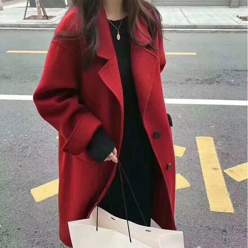 

Korean 2019 Autumn And Winter Hand-made Double-sided Wool Blended Plus Size Loose Overcoat Long Pink Green Coat Women Jacket