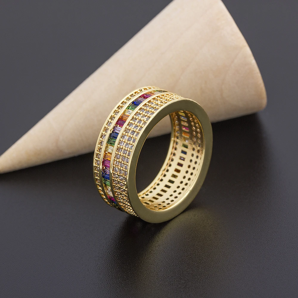 Geometric Luxury Boho Rainbow Copper Cubic Zirconia Ring For Women Charm Crystal Rings Fine Party Wedding Jewelry