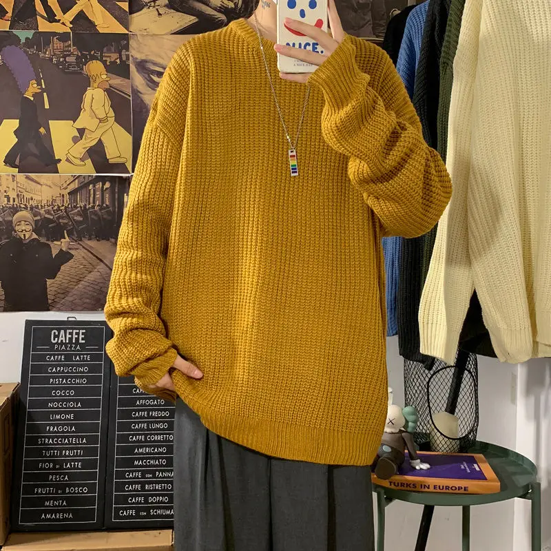 

Winter Solid Color Sweater Men's Warmth Fashion Casual Knitted Pullover Men Loose Korean Knitting Sweaters Mens Clothes M-2XL