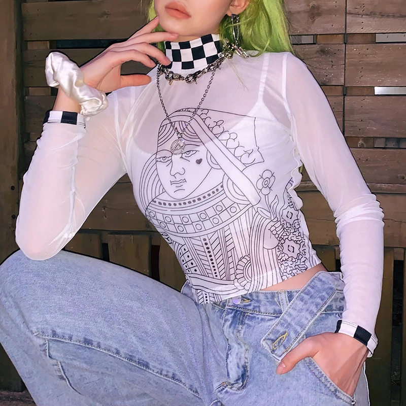 

See-through Women Mesh Shirts Long Sleeve Turtleneck Slim Fit Tops Fashion Ladies Sheer Crop Tops Streetwear Pullovers