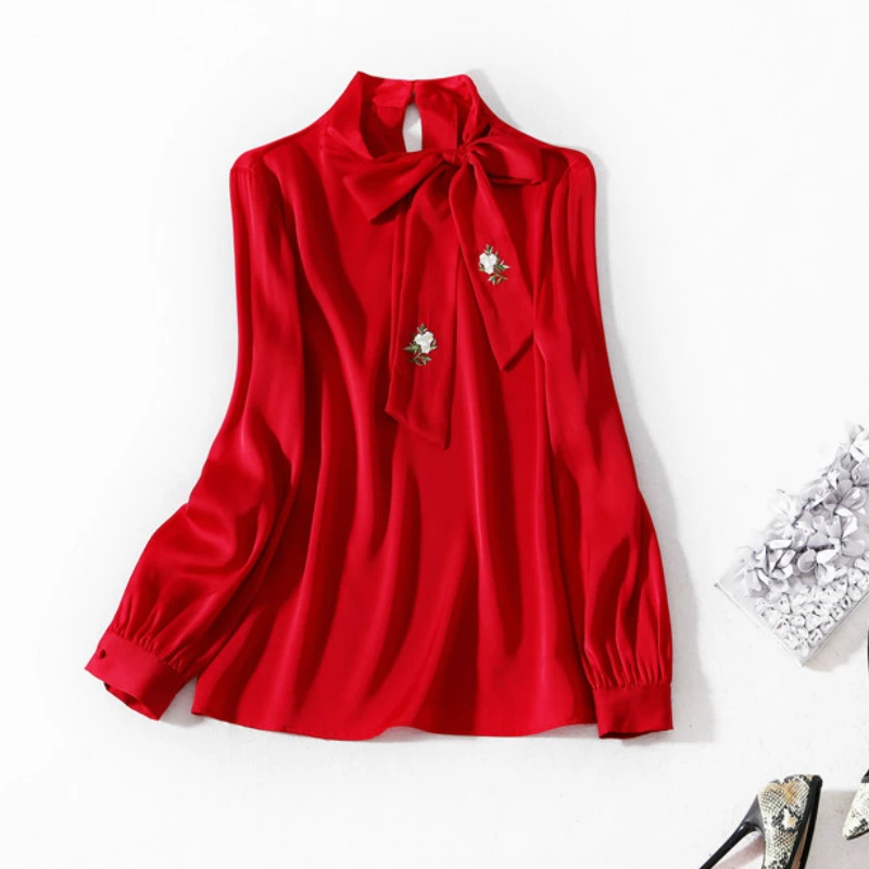 

Women Long Sleeve Shirts Real Silk Tops and Blouses Korean Fashion Clothing Vintage Rea Black Blouse Spring 2020 LWL1624