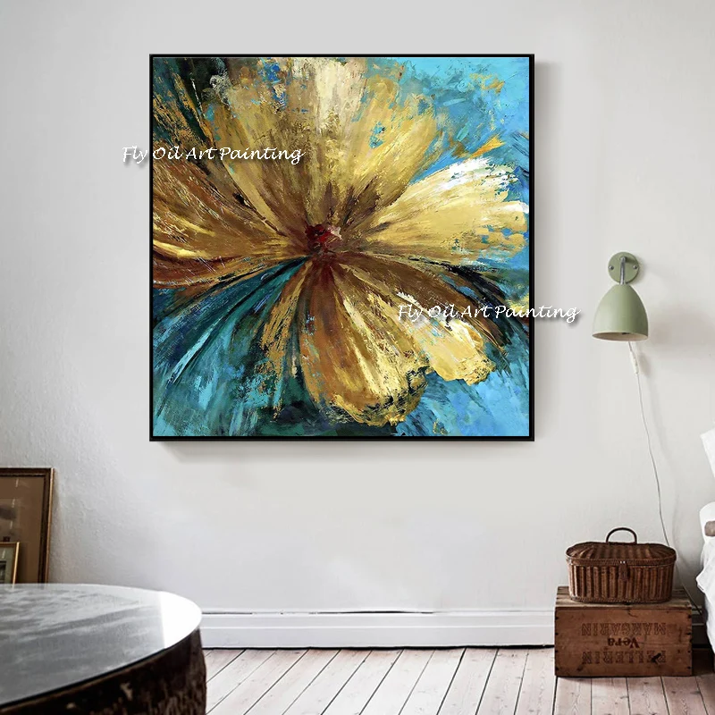 Christmas Gift 100% Hand Painted Handmade gold foil flower Oil Paintings gold Abstract Wall Pictures Canvas Home Decoration