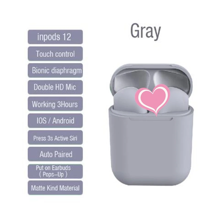 grey with box I12 TWS беспроводные Bluetooth наушники матовые цветные наушники свободные руки портативные спортивные наушники музыка для смартфона - Цвет: grey with box