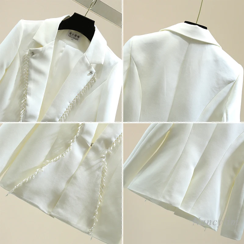 2020 Autumn Slim Elegant White Blazers Woman Evening Party Coat Beads Split Long Sleeve Suit Jacket Blazer Femenino Black