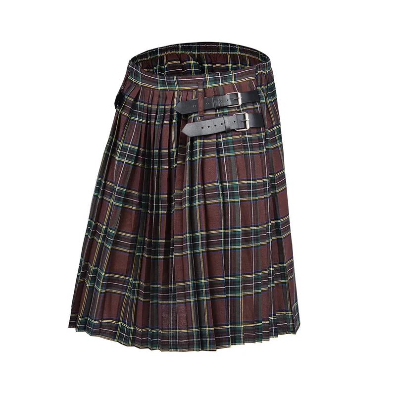 MJartoria шотландская Мужская Kilt традиционный ремень в клетку плиссированная Двусторонняя цепочка коричневая Готическая панк шотландская клетка брюки юбки