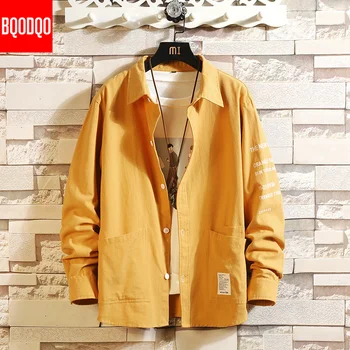 

Oversized Yellow Shirt Men Black Letter Print Long Sleeve Cotton Korean Style Shirts Male Fashions Streetwear Autumn Casual Tops