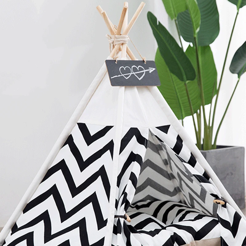 Stripes Foldable Tent Type Pets Dog Bed Washable Cotton Canvas Dog Kennel Cat House Tent For Dogs Basket Pet Bed Dog Accessories