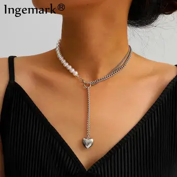 

Gothic Baroque Pearl Pendant Choker Necklace Women Wedding Boho Punk Lover Heart Lariat Silver Color Long Chain Necklace Jewelry