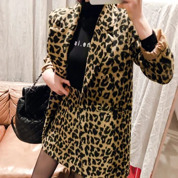 

Plus Size Korean Leopard Women Suit Notched Loose Long Blazer Coat Female+Mini Sexy Pencil Skirt 2 Piece Autumn Set Outfits