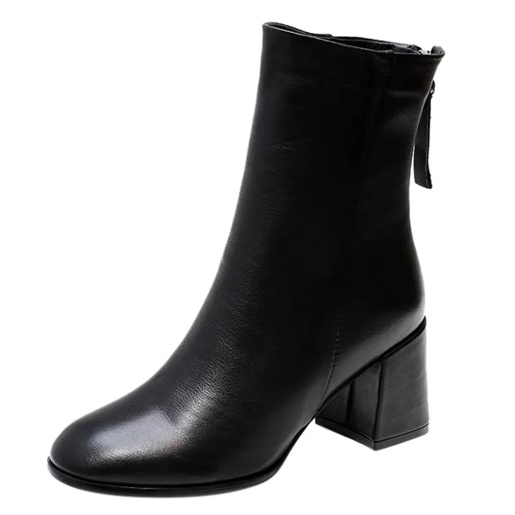 Winter Women Boots Casual Handmade Zipper Round Toe 7 Cm High Heel Shoes High Quality Pu Leather Lady Boots Plus Size 35-40#J30