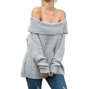 

Winter Women Warm Solid Color Off Shoulder Long Sleeve Sweater Knitted Pullover