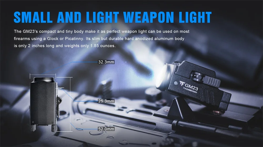 Description Picture 3 of itemTrustFire GM23 Pistol Gun Light 800 Lumens Glock Tactical Weapon Rail Mounted Flashlight Police Handgun USB Rechargeable Torch