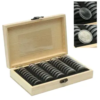 

50 Coin Storage Boxes Round Coin Storage Wooden Box Commemorative Coin Collection Box With 50Pcs Capsules