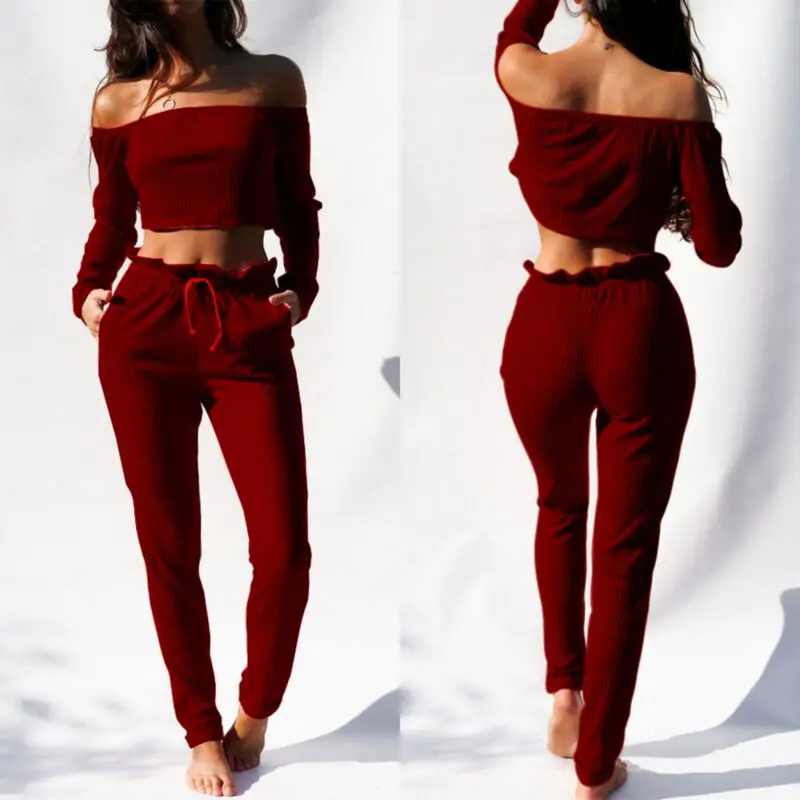 

2 Piece Set Women Solid Knitted Off the Shoulder Crop Top paperbag waist Pants Sets Fashion Sexy Autumn New Female Matching Set