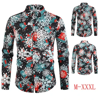 

2019 New Men's Fashion Casual Shirt Snowflake Digital Print Long-sleeved Shirt Christmas Collection