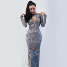 Серебряные стразы, спандекс, платье, танцевальный костюм для певицы, женский наряд для празднования дня рождения, Одежда для танцев, длинное платье для певицы