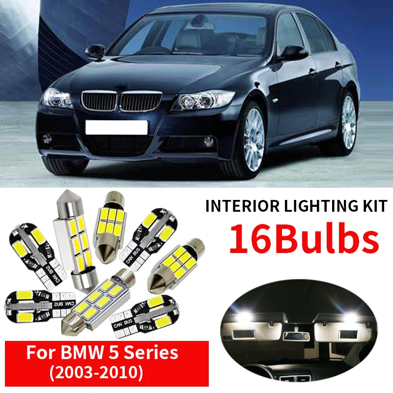 

16pcs White Canbus Car LED Light Bulbs Interior Kit For 2003-2010 BMW 5 Series E61 No Error Map Vanity Mirror License Plate Lamp