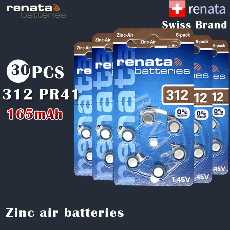 30 шт. цинковые батарейки Renata 312 1 45 в 165 мАч PR41 A312 для слухового аппарата|Часовые
