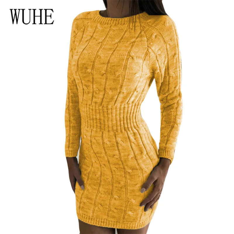 

WUHE Autumn Solid Knitted Sweater Dresses Elegant Hollow Out Twist Pullover Female Sweater Dress Vestidos Feminino for Women